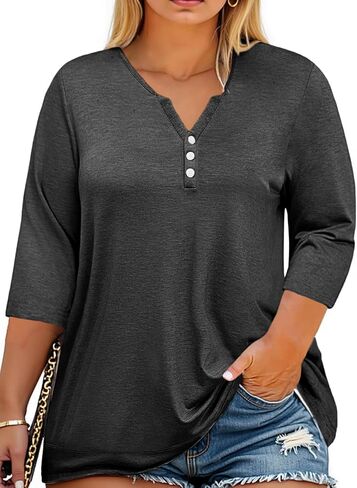 Beautife Womens Plus Size T-Shirts V Neck 3/4 Sleeve Tops Fall Henley Shirts Casual Basic Loose Fit Blouses in Kuwait