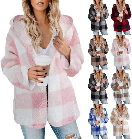 Women's Sherpa Hooded Cardigan Fall Winter Fuzzy Fleece Jacket Warm Soft Plaid Flannels sweater coat Outwear in Saudi Arabia