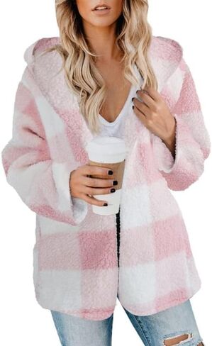 Women's Sherpa Hooded Cardigan Fall Winter Fuzzy Fleece Jacket Warm Soft Plaid Flannels sweater coat Outwear in Saudi Arabia
