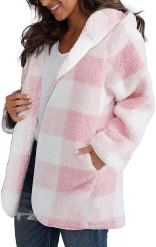 Women's Sherpa Hooded Cardigan Fall Winter Fuzzy Fleece Jacket Warm Soft Plaid Flannels sweater coat Outwear in Saudi Arabia