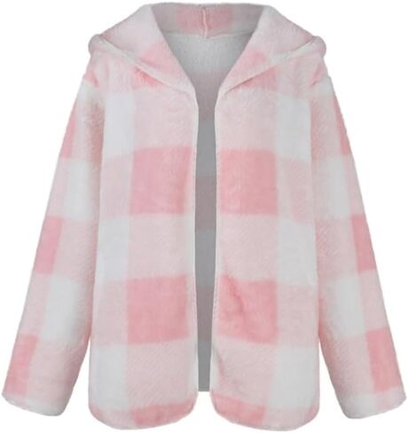 Women's Sherpa Hooded Cardigan Fall Winter Fuzzy Fleece Jacket Warm Soft Plaid Flannels sweater coat Outwear in Saudi Arabia