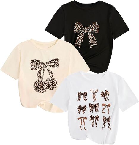 Floerns Girl's 3 Piece Cheetah Short Sleeve T Shirt Bowknot Print Tee Going Out Tops in Saudi Arabia