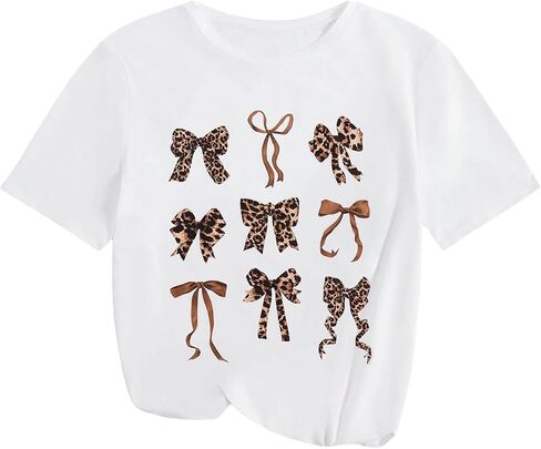 Floerns Girl's 3 Piece Cheetah Short Sleeve T Shirt Bowknot Print Tee Going Out Tops in Saudi Arabia
