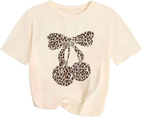 Floerns Girl's 3 Piece Cheetah Short Sleeve T Shirt Bowknot Print Tee Going Out Tops in Saudi Arabia