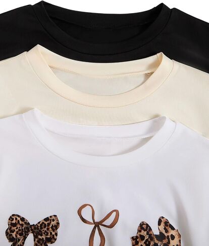 Floerns Girl's 3 Piece Cheetah Short Sleeve T Shirt Bowknot Print Tee Going Out Tops in Saudi Arabia