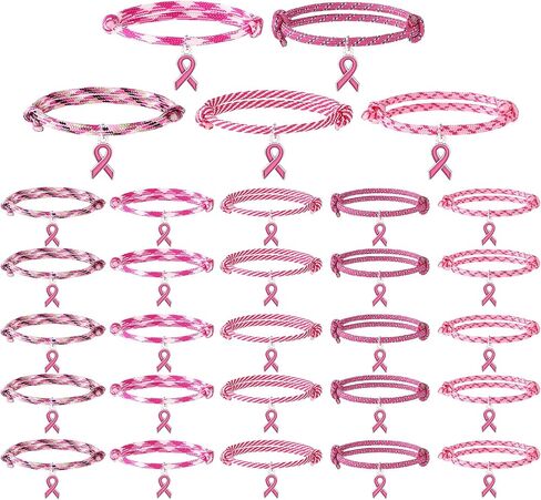 Tondiamo 30 Pcs Adjustable Breast Cancer Awareness Bracelets Bulk Pink Rope Wristband with Ribbon Charm Pink Breast Cancer Accessories with for Women Charity Survivor Party Favor, 5 Style in Saudi Arabia
