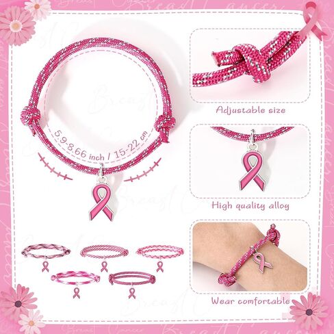 Tondiamo 30 Pcs Adjustable Breast Cancer Awareness Bracelets Bulk Pink Rope Wristband with Ribbon Charm Pink Breast Cancer Accessories with for Women Charity Survivor Party Favor, 5 Style in Saudi Arabia
