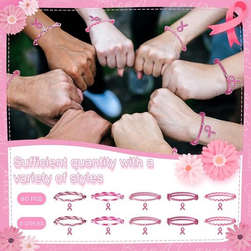 Tondiamo 30 Pcs Adjustable Breast Cancer Awareness Bracelets Bulk Pink Rope Wristband with Ribbon Charm Pink Breast Cancer Accessories with for Women Charity Survivor Party Favor, 5 Style in Saudi Arabia
