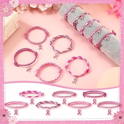Tondiamo 30 Pcs Adjustable Breast Cancer Awareness Bracelets Bulk Pink Rope Wristband with Ribbon Charm Pink Breast Cancer Accessories with for Women Charity Survivor Party Favor, 5 Style in Saudi Arabia