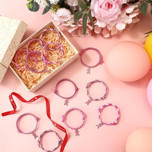Tondiamo 30 Pcs Adjustable Breast Cancer Awareness Bracelets Bulk Pink Rope Wristband with Ribbon Charm Pink Breast Cancer Accessories with for Women Charity Survivor Party Favor, 5 Style in Saudi Arabia