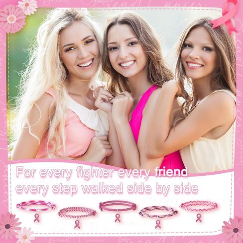 Tondiamo 30 Pcs Adjustable Breast Cancer Awareness Bracelets Bulk Pink Rope Wristband with Ribbon Charm Pink Breast Cancer Accessories with for Women Charity Survivor Party Favor, 5 Style in Saudi Arabia