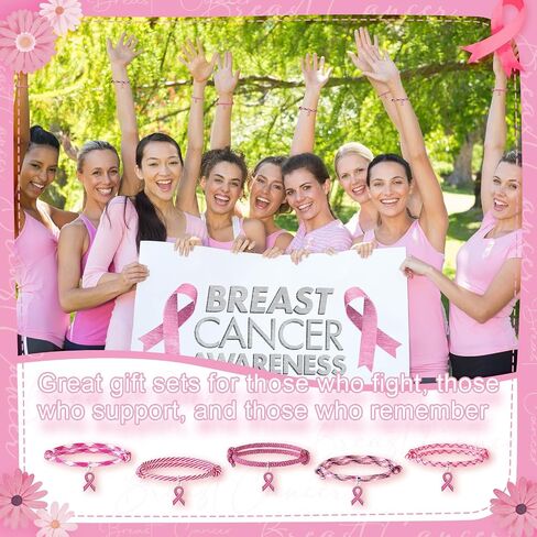 Tondiamo 30 Pcs Adjustable Breast Cancer Awareness Bracelets Bulk Pink Rope Wristband with Ribbon Charm Pink Breast Cancer Accessories with for Women Charity Survivor Party Favor, 5 Style in Saudi Arabia