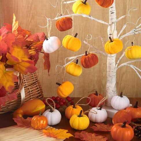 16 PCS Fall Thanksgiving Pumpkin Hanging Ornaments Velvet Fabric Pumpkin Hanging Small Tree Ornament 2.2" Orange Pumpkins Ball Tree Decoration for Fall Thanksgiving Home Farmhouse Harvest Party Decor in Saudi Arabia