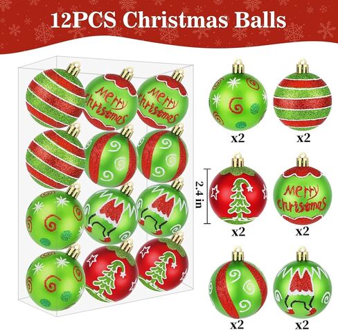 12 Pcs Christmas Decorations Indoor, 2.4" Christmas Ornaments for Tree Glittering Hanging Christmas Tree Decorations Red Green Christmas Ornaments Balls for Xmas Party Holiday Home Decor in Saudi Arabia