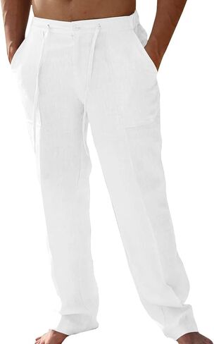 A WATERWANG Men's Casual Linen Pants Summer Beach Cotton Lightweight Pants Loose Fit Drawstring with Pockets in Saudi Arabia