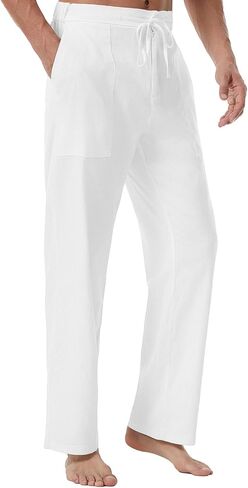A WATERWANG Men's Casual Linen Pants Summer Beach Cotton Lightweight Pants Loose Fit Drawstring with Pockets in Saudi Arabia