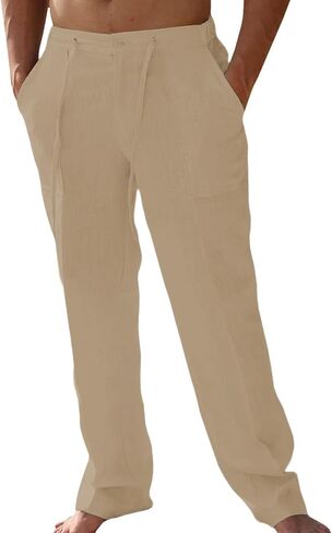 سروال كتان كاجوال للرجال من WATERWANG، سروال صيفي من القطن للشاطئ خفيف الوزن، فضفاض برباط مع جيوب in Kuwait