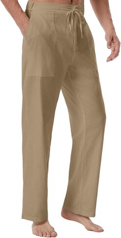 سروال كتان كاجوال للرجال من WATERWANG، سروال صيفي من القطن للشاطئ خفيف الوزن، فضفاض برباط مع جيوب in Kuwait