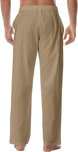 سروال كتان كاجوال للرجال من WATERWANG، سروال صيفي من القطن للشاطئ خفيف الوزن، فضفاض برباط مع جيوب in Kuwait