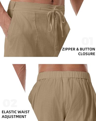 سروال كتان كاجوال للرجال من WATERWANG، سروال صيفي من القطن للشاطئ خفيف الوزن، فضفاض برباط مع جيوب in Kuwait
