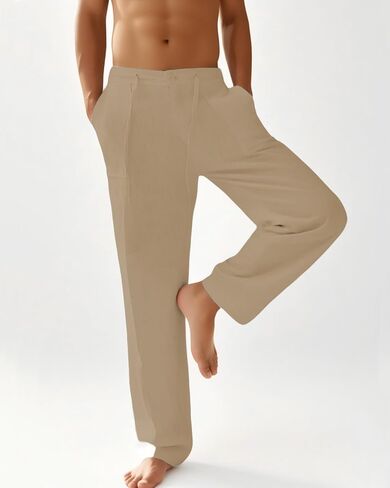 سروال كتان كاجوال للرجال من WATERWANG، سروال صيفي من القطن للشاطئ خفيف الوزن، فضفاض برباط مع جيوب in Kuwait