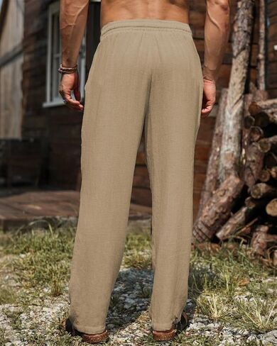 سروال كتان كاجوال للرجال من WATERWANG، سروال صيفي من القطن للشاطئ خفيف الوزن، فضفاض برباط مع جيوب in Kuwait