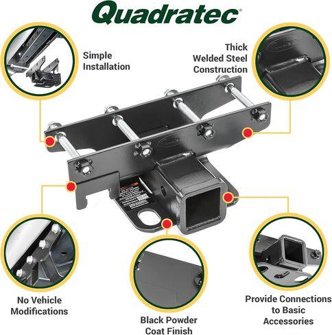 وصلة استقبال Quadratec Premium 2 بوصة - تناسب Jeep Wrangler 2007-2018 JK 2-Door & JL 4-Door Unlimited - تصنيف سحب 3500 رطل، تصنيف اللسان 350 رطل - فولاذ كربوني سميك ملحوم مطلي بالكهرباء in Saudi Arabia