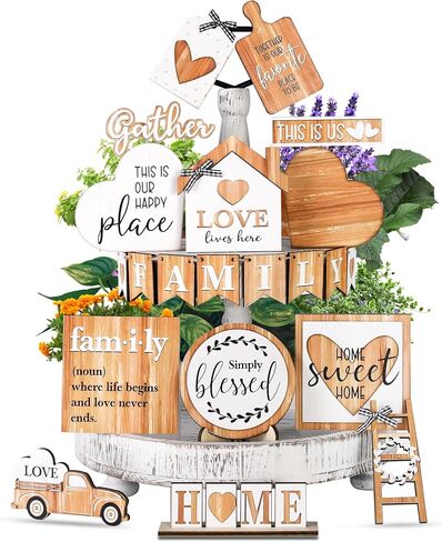 Farmhouse Tiered Tray Decor Set, 21 Pcs Rustic Small Signs for Wooden Decorative Tray Kitchen Home Decor for Centerpiece Table, Living Room, and Coffee Bar Shelf Decorations in Saudi Arabia