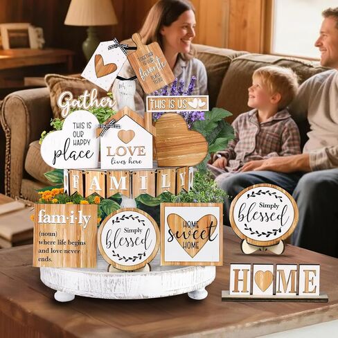Farmhouse Tiered Tray Decor Set, 21 Pcs Rustic Small Signs for Wooden Decorative Tray Kitchen Home Decor for Centerpiece Table, Living Room, and Coffee Bar Shelf Decorations in Saudi Arabia