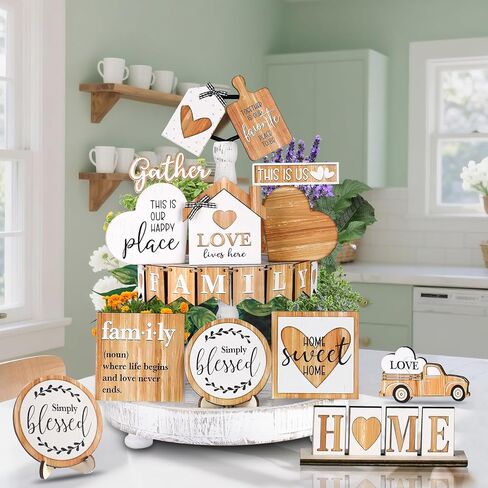 Farmhouse Tiered Tray Decor Set, 21 Pcs Rustic Small Signs for Wooden Decorative Tray Kitchen Home Decor for Centerpiece Table, Living Room, and Coffee Bar Shelf Decorations in Saudi Arabia