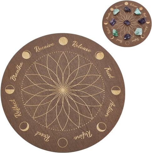 INFUNLY Moonphase Crystal Grid Wood Board, 9.84x9.84inch, Flower of Life Sacred Geometry, Lotus Grey Crystal Tray, Round Solid Coaster for Jewelry, Rocks, Home Decor in Saudi Arabia