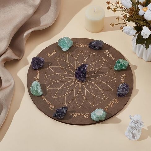 INFUNLY Moonphase Crystal Grid Wood Board, 9.84x9.84inch, Flower of Life Sacred Geometry, Lotus Grey Crystal Tray, Round Solid Coaster for Jewelry, Rocks, Home Decor in Saudi Arabia