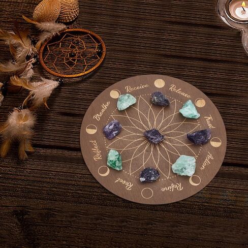 INFUNLY Moonphase Crystal Grid Wood Board, 9.84x9.84inch, Flower of Life Sacred Geometry, Lotus Grey Crystal Tray, Round Solid Coaster for Jewelry, Rocks, Home Decor in Saudi Arabia
