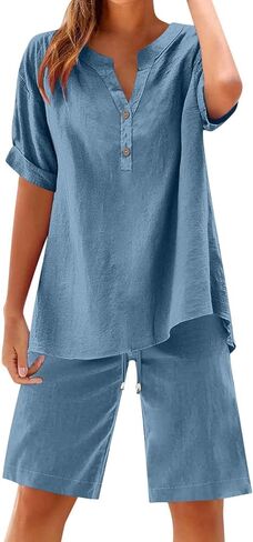 Women's Summer Outfits Cotton Linen Short Sleeve Button Down Shirt with Bermuda Shorts 2 Piece Lounge Sets Pockets in Saudi Arabia