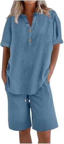 Women's Summer Outfits Cotton Linen Short Sleeve Button Down Shirt with Bermuda Shorts 2 Piece Lounge Sets Pockets in Saudi Arabia