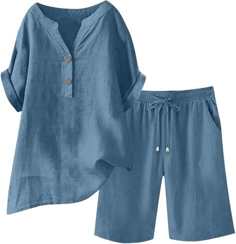 Women's Summer Outfits Cotton Linen Short Sleeve Button Down Shirt with Bermuda Shorts 2 Piece Lounge Sets Pockets in Saudi Arabia