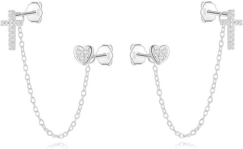 Cute Heart Cross CZ Double Piercing Small Stud Chain S925 Sterling Silver Cuff Wrap Earrings for Women Cartilage Two Holes Fashion Crystal Heart Love Crawler Threader Tassel Hypoallergenic Gifts for Christmas Her Daughter in Saudi Arabia