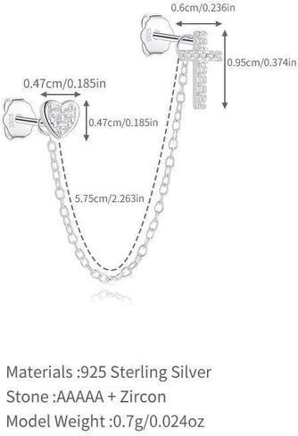 Cute Heart Cross CZ Double Piercing Small Stud Chain S925 Sterling Silver Cuff Wrap Earrings for Women Cartilage Two Holes Fashion Crystal Heart Love Crawler Threader Tassel Hypoallergenic Gifts for Christmas Her Daughter in Saudi Arabia