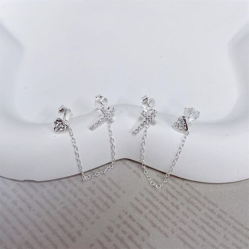 Cute Heart Cross CZ Double Piercing Small Stud Chain S925 Sterling Silver Cuff Wrap Earrings for Women Cartilage Two Holes Fashion Crystal Heart Love Crawler Threader Tassel Hypoallergenic Gifts for Christmas Her Daughter in Saudi Arabia