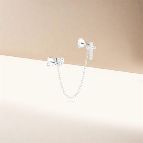 Cute Heart Cross CZ Double Piercing Small Stud Chain S925 Sterling Silver Cuff Wrap Earrings for Women Cartilage Two Holes Fashion Crystal Heart Love Crawler Threader Tassel Hypoallergenic Gifts for Christmas Her Daughter in Saudi Arabia