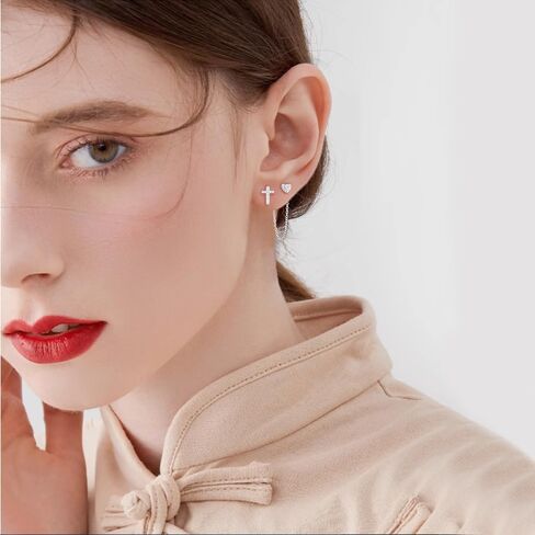 Cute Heart Cross CZ Double Piercing Small Stud Chain S925 Sterling Silver Cuff Wrap Earrings for Women Cartilage Two Holes Fashion Crystal Heart Love Crawler Threader Tassel Hypoallergenic Gifts for Christmas Her Daughter in Saudi Arabia