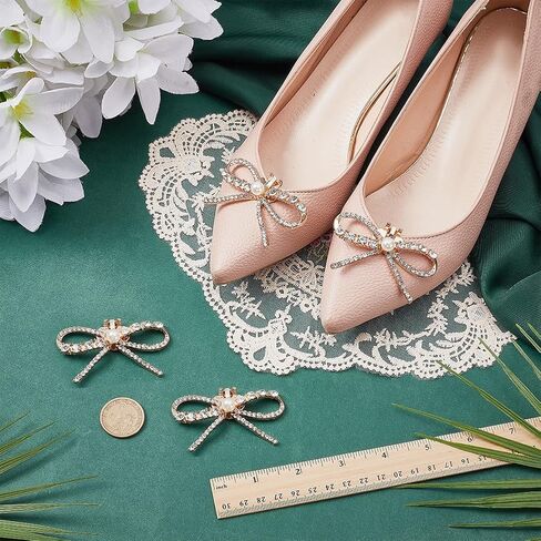 FINGERINSPIRE Rhinestone Bow Shoe Clips 2.61x1.41inch Alloy Glass Crystal Shoe Buckles with Simulated Pearls Gold Detachable Bowknot Shoes Decorations for Women Heels, Flats, Bridal Shoes in Saudi Arabia