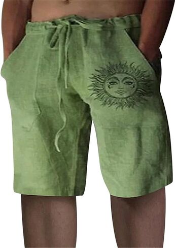 Mens Linen Shorts with Elastic Waist and Pockets Summer Casual Cotton Short Sports Joggers Loose Fit Drawstring Bottoms in Saudi Arabia