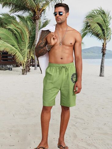 Mens Linen Shorts with Elastic Waist and Pockets Summer Casual Cotton Short Sports Joggers Loose Fit Drawstring Bottoms in Saudi Arabia