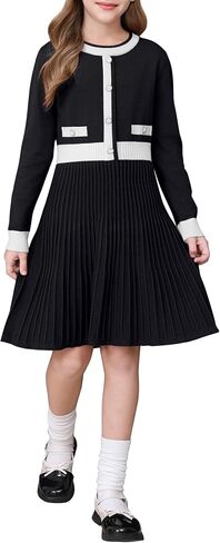 Girl's Knit Casual Sweater Dresses Cable Ribbed Pleated Contrast A-Line Long Sleeve Crew Neck Knitted Midi Dresses in Kuwait
