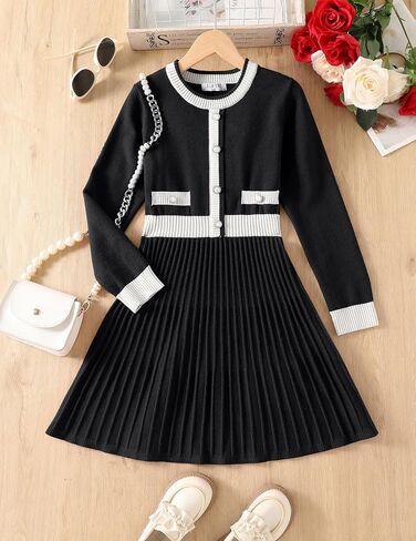Girl's Knit Casual Sweater Dresses Cable Ribbed Pleated Contrast A-Line Long Sleeve Crew Neck Knitted Midi Dresses in Kuwait