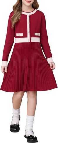 Girl's Knit Casual Sweater Dresses Cable Ribbed Pleated Contrast A-Line Long Sleeve Crew Neck Knitted Midi Dresses in Kuwait