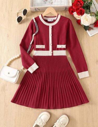 Girl's Knit Casual Sweater Dresses Cable Ribbed Pleated Contrast A-Line Long Sleeve Crew Neck Knitted Midi Dresses in Kuwait
