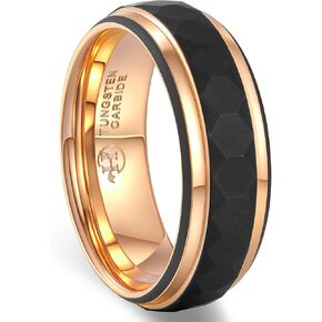Men's Black Tungsten Carbide Ring with Rose Gold Lines - Single Step Hammered Finish, Comfort Fit, Hypoallergenic Wedding Band (8mm Width) in Saudi Arabia