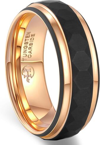 Men's Black Tungsten Carbide Ring with Rose Gold Lines - Single Step Hammered Finish, Comfort Fit, Hypoallergenic Wedding Band (8mm Width) in Saudi Arabia